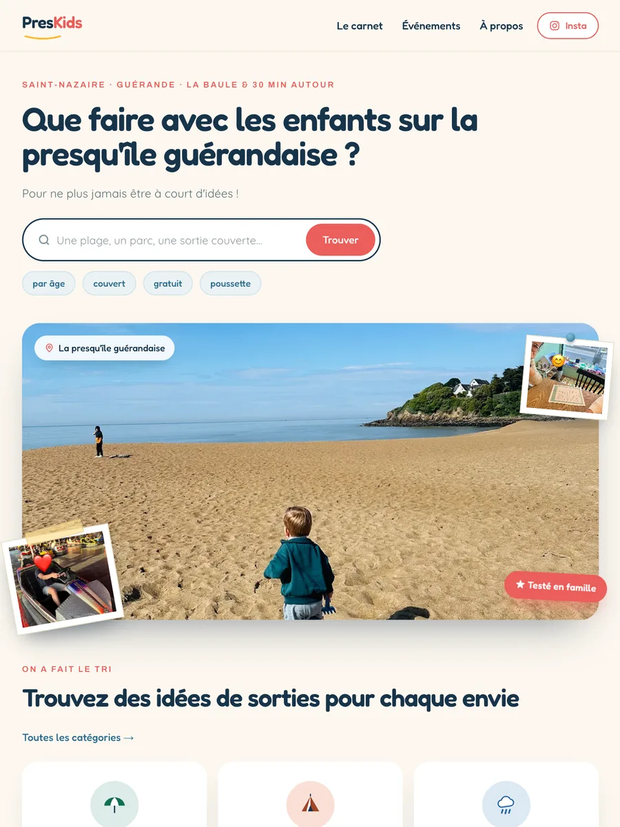Page d'accueil de PresKids, guide des sorties en famille sur la presqu'île guérandaise